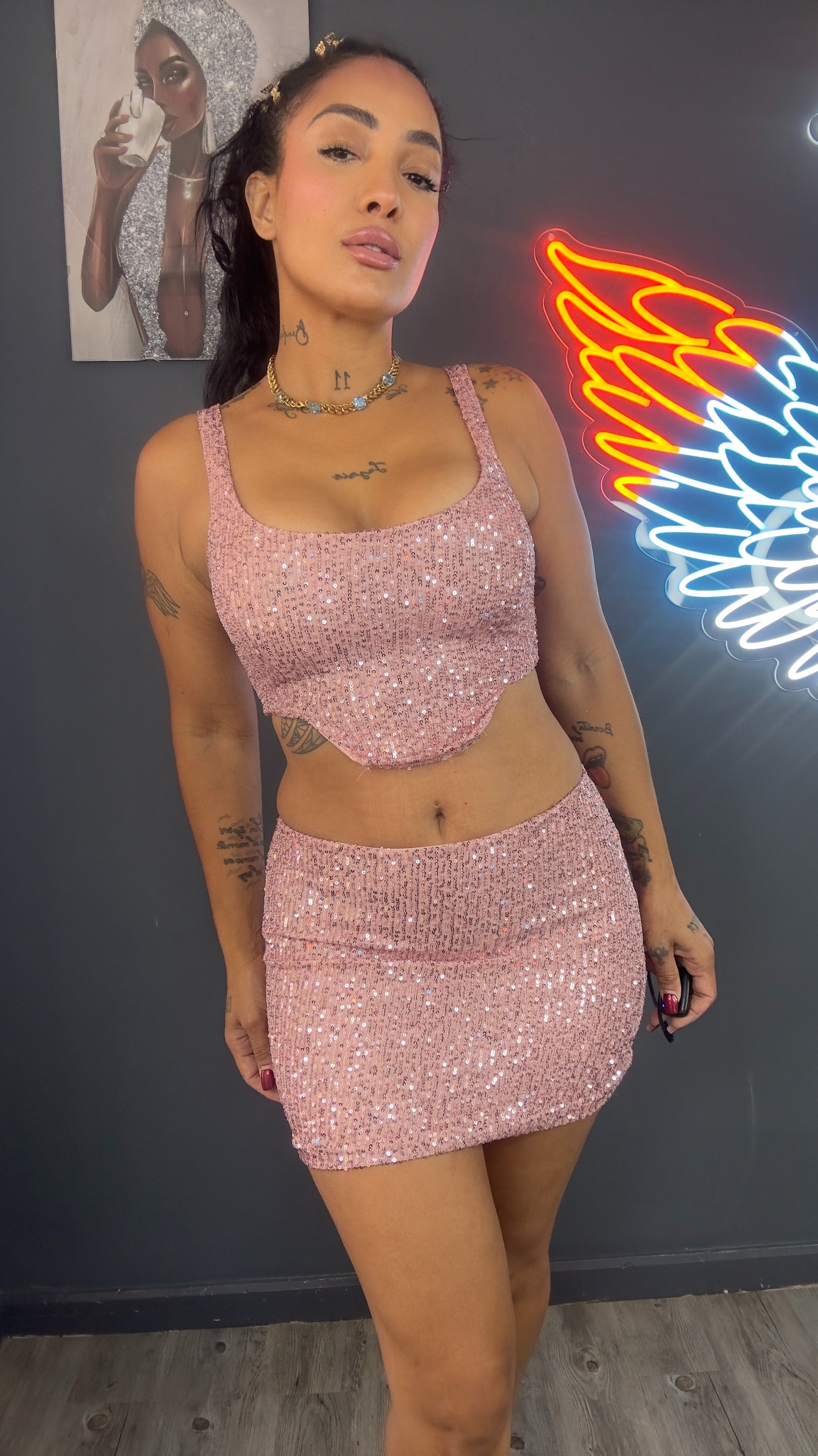 Conjunto verano rosa lentejuelas