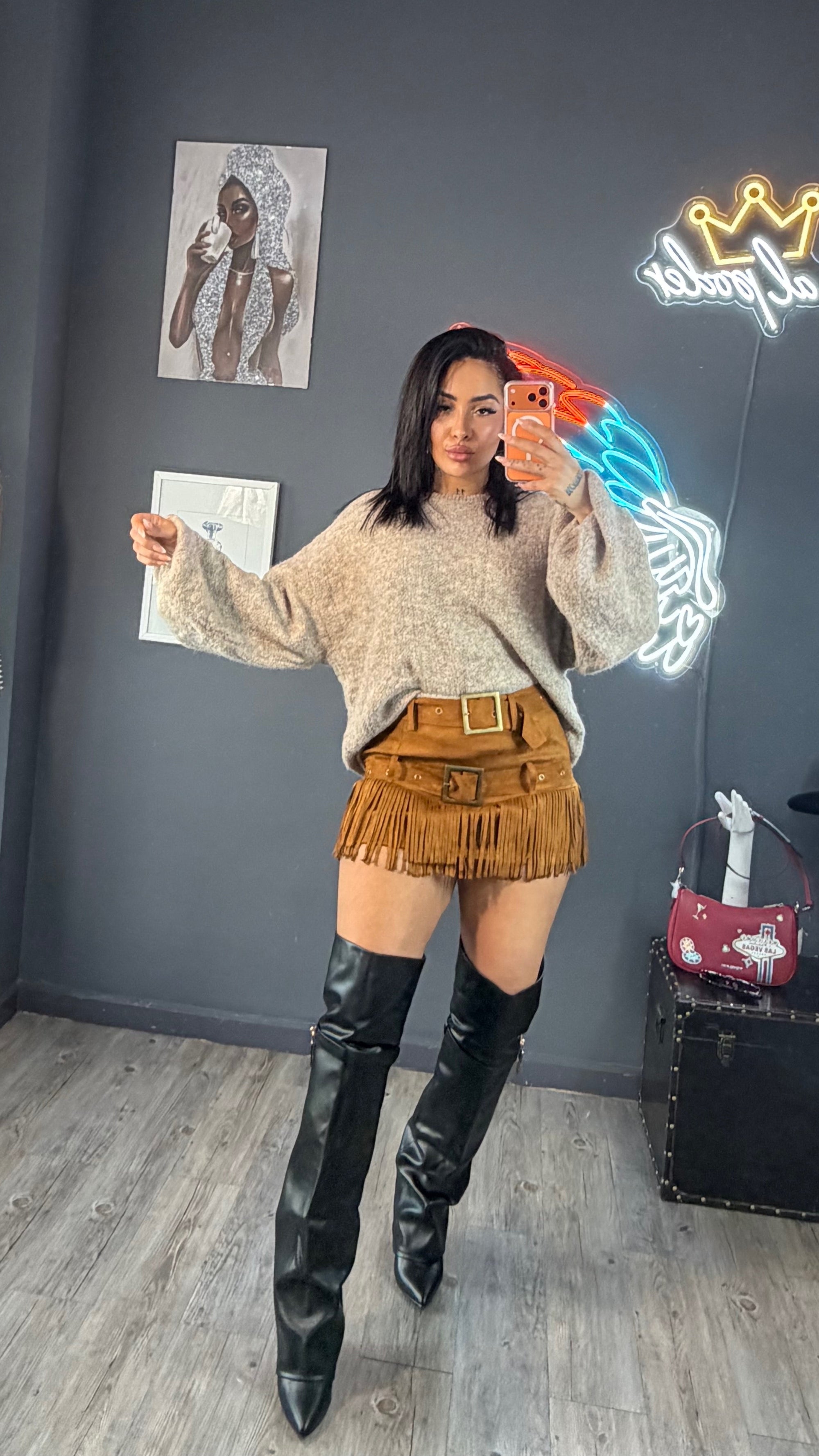 Falda pantalón, ante de flecos con doble cinturón