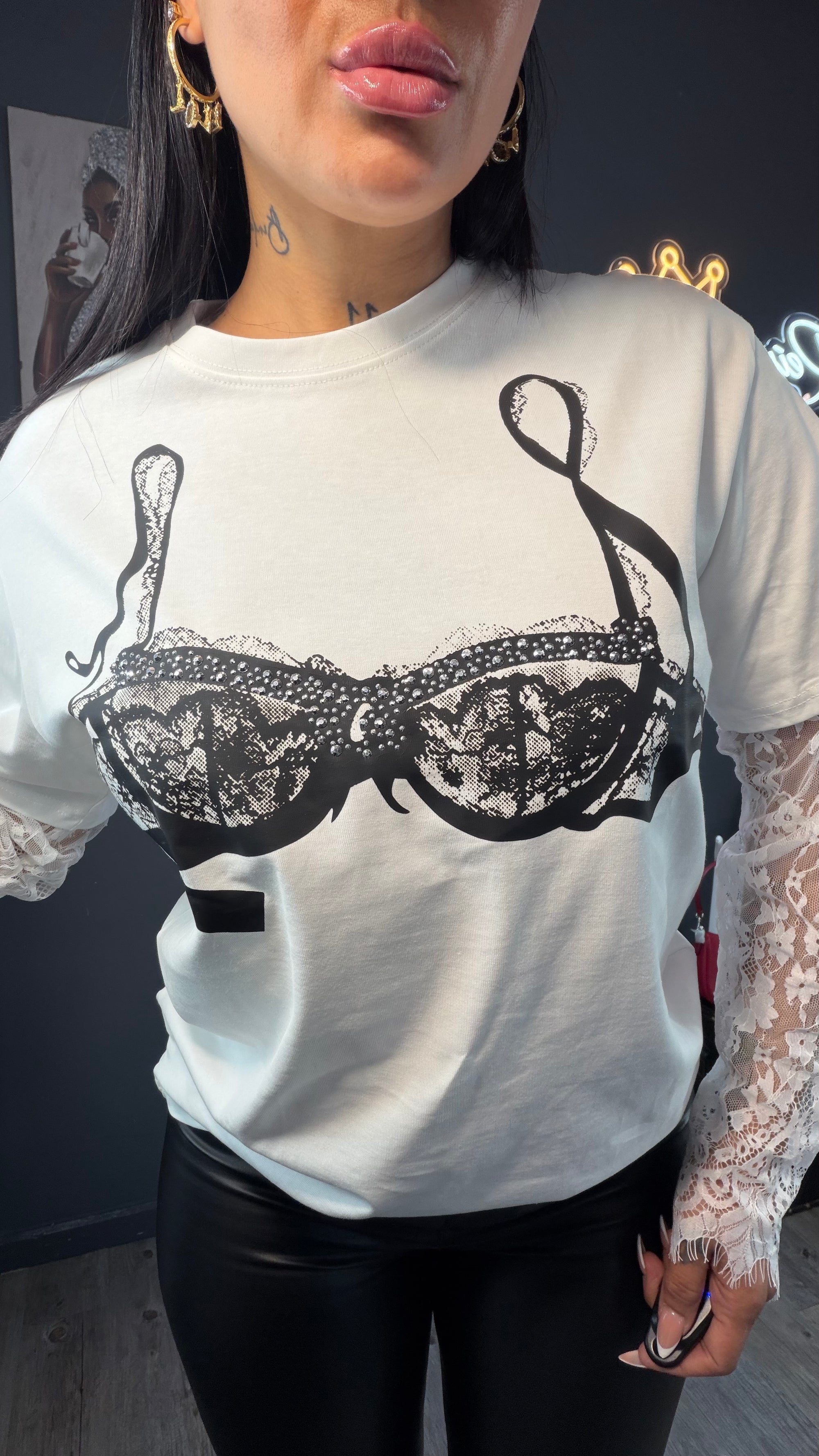 Camiseta sujetador 3D, mangas de encaje