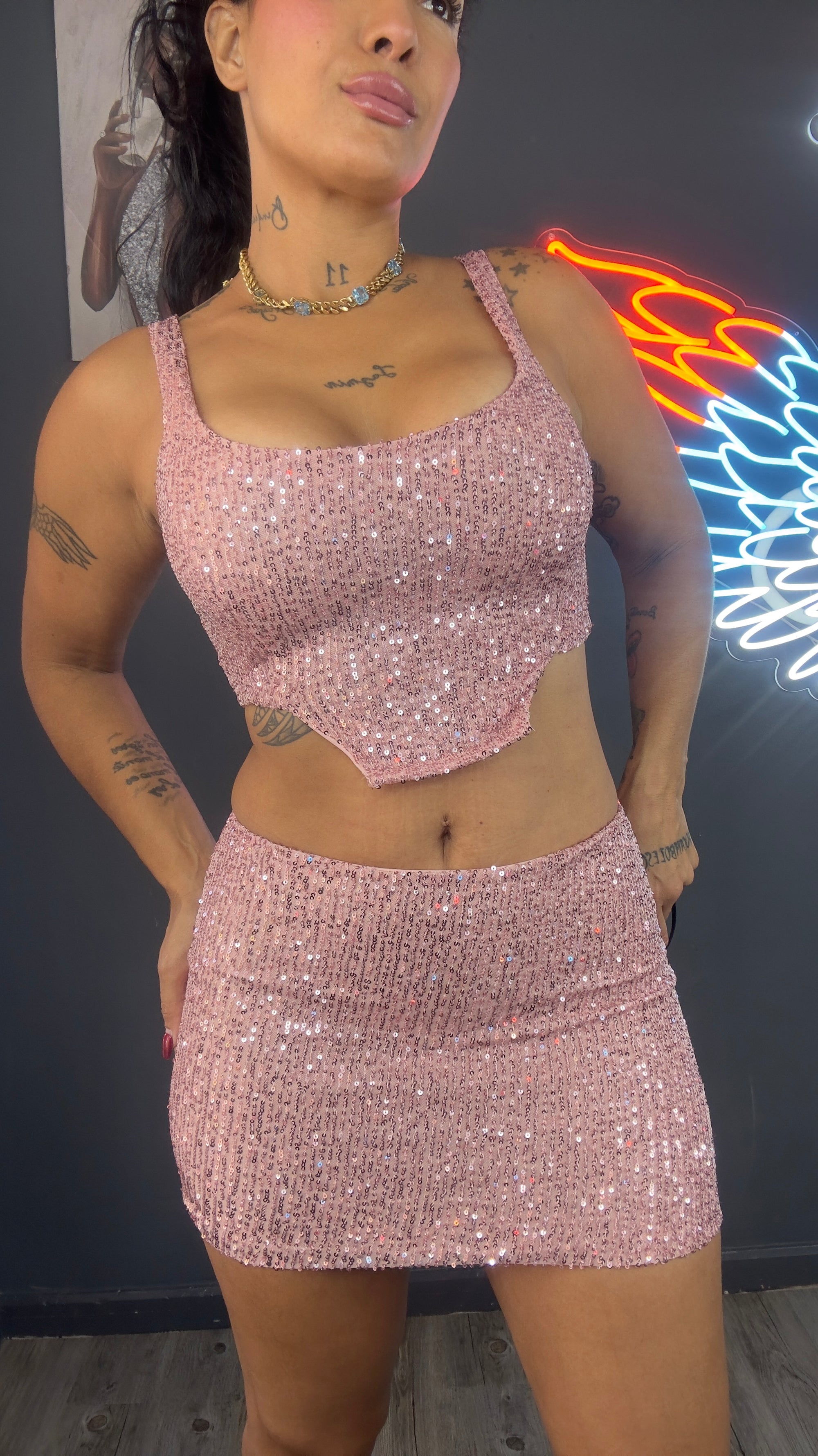 Conjunto verano rosa lentejuelas